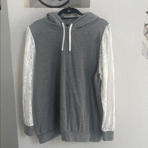 Torrid Gray and White Lace Sleeve Hoodie Sweater